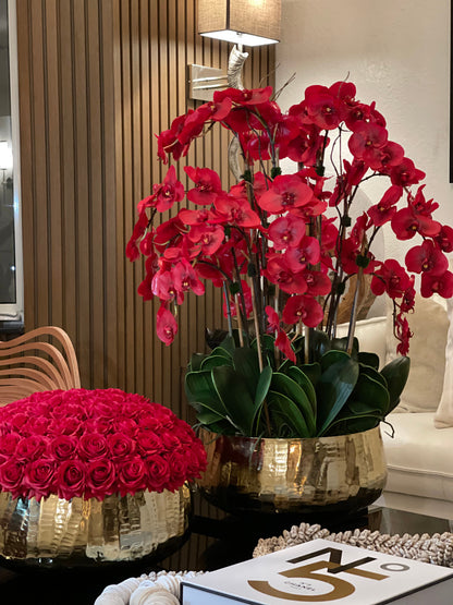 Red Phalaenopsis Orchids Floral Arrangement in Large Gold Planter