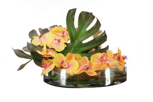 16″ Heritage bowl with Monstera leaf and mango orchids