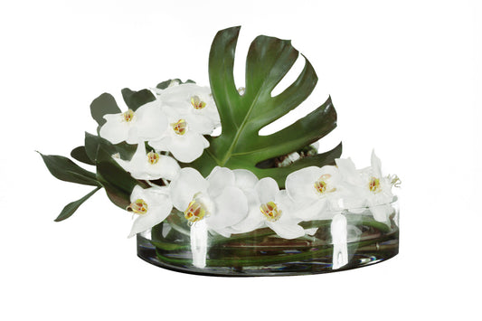 16″ Heritage bowl with Monstera leaf and white orchids