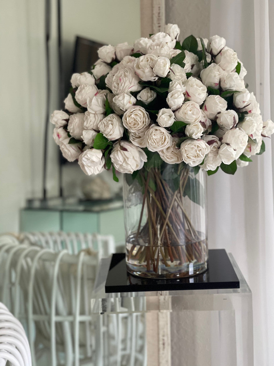 White English Roses in 16″ Glass Rota Vase