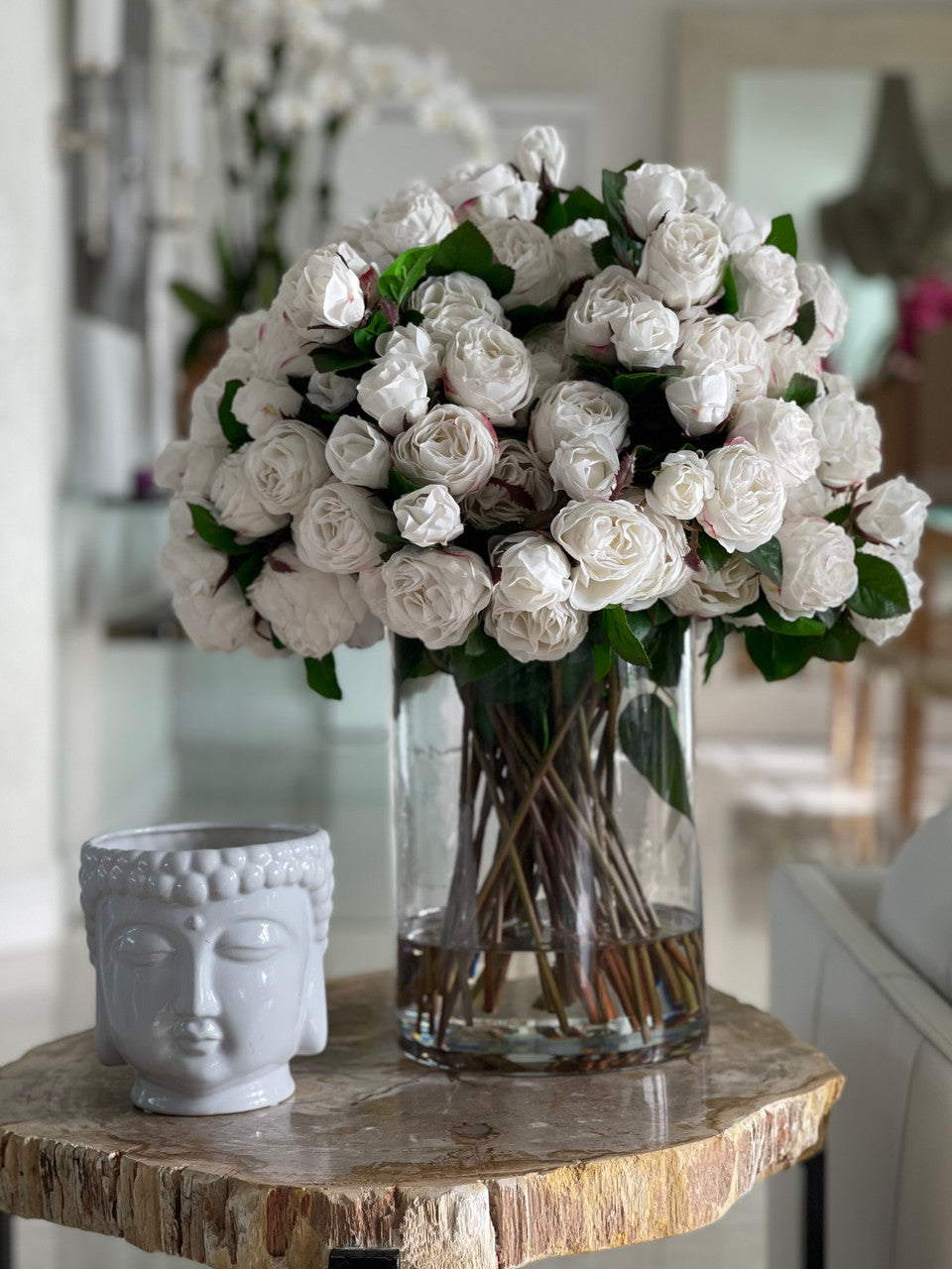 White English Roses in 16″ Glass Rota Vase