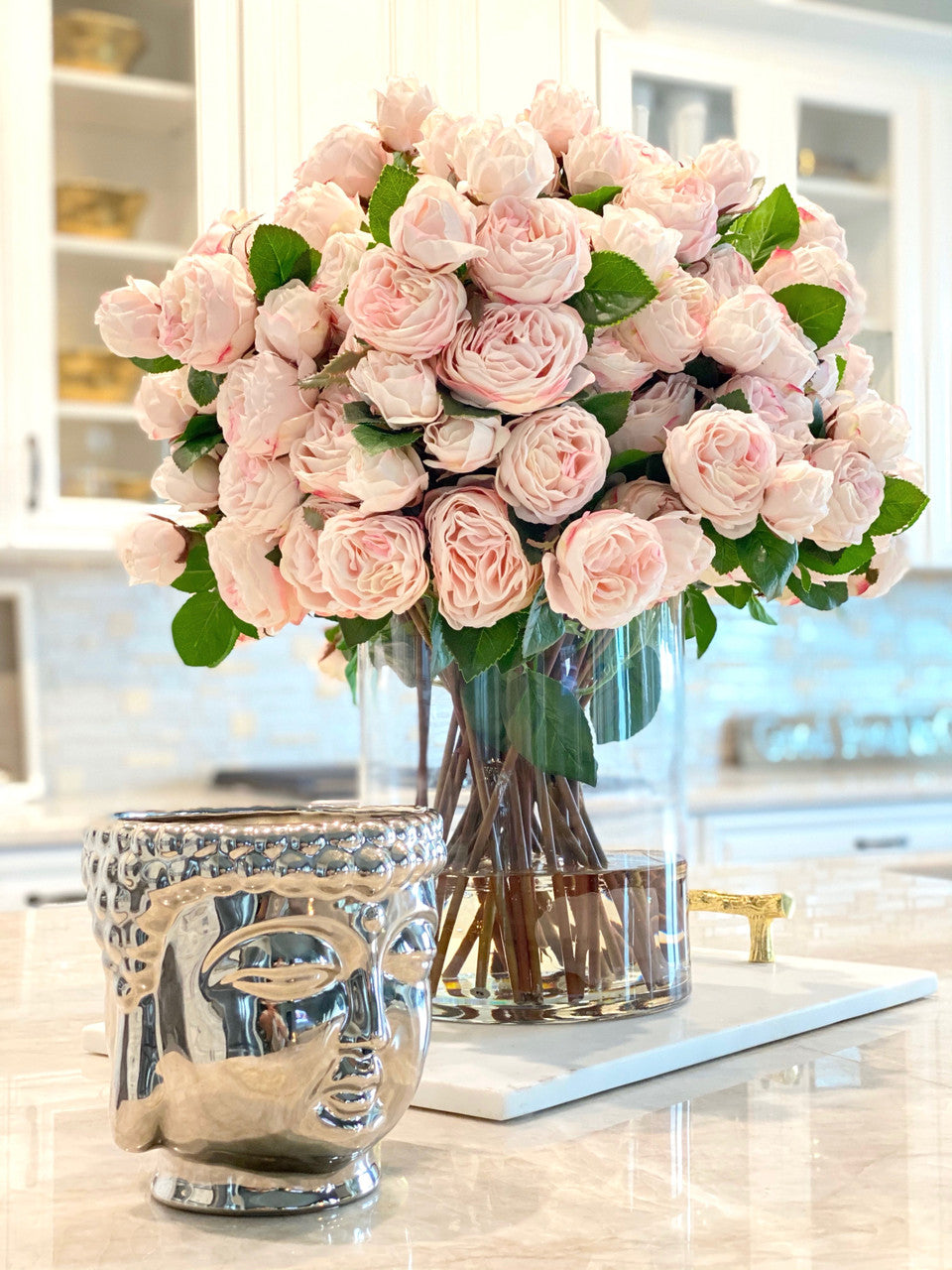 Blush English Roses in 16″ Glass Rota Vase