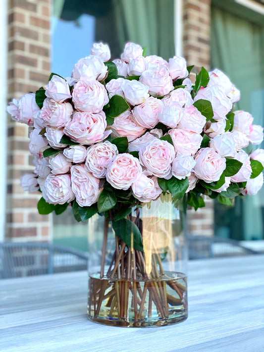 Blush English Roses in 16″ Glass Rota Vase