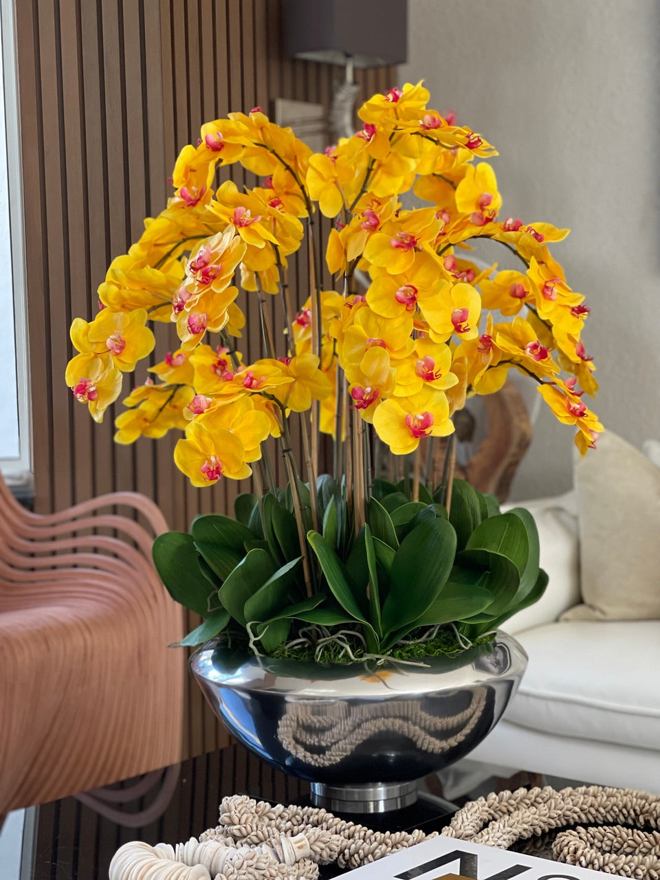 Avenue bowl with orange Phalaenopsis orchids