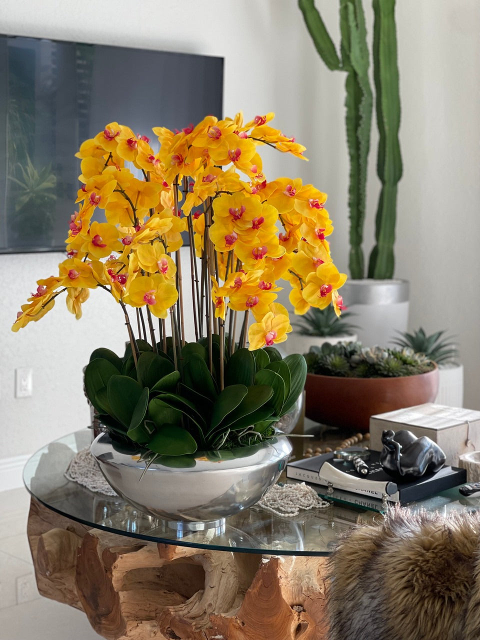 Avenue bowl with orange Phalaenopsis orchids