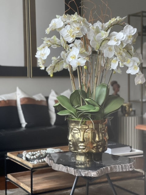 Large Polished Gold Visage Vase with Orchids