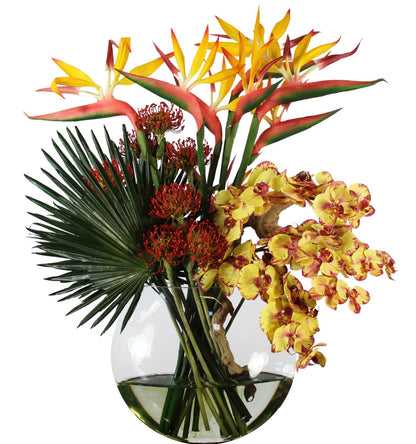 Moon vase with tropical flowers