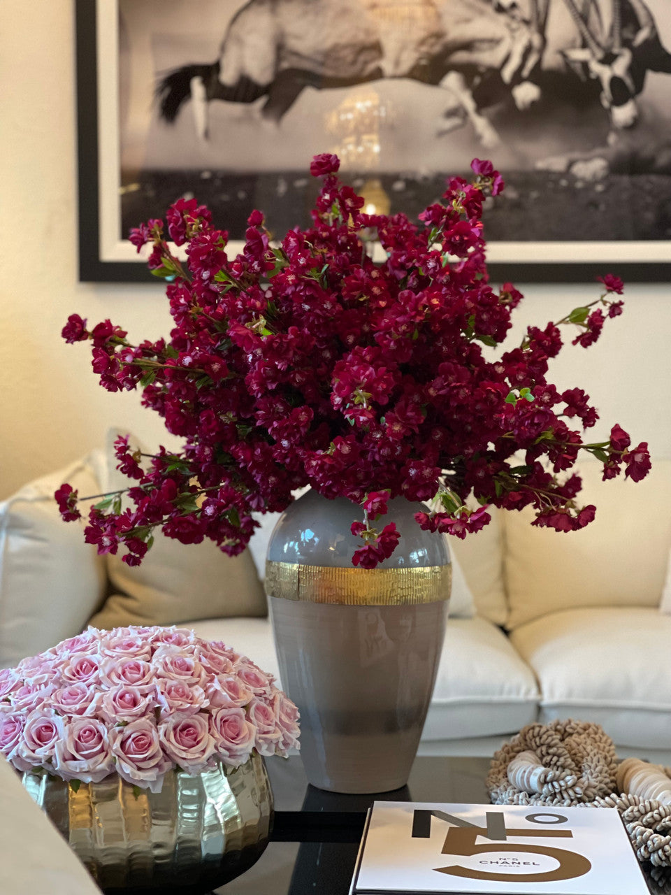 Goddess Vase with Burgundy Cherry Blossoms