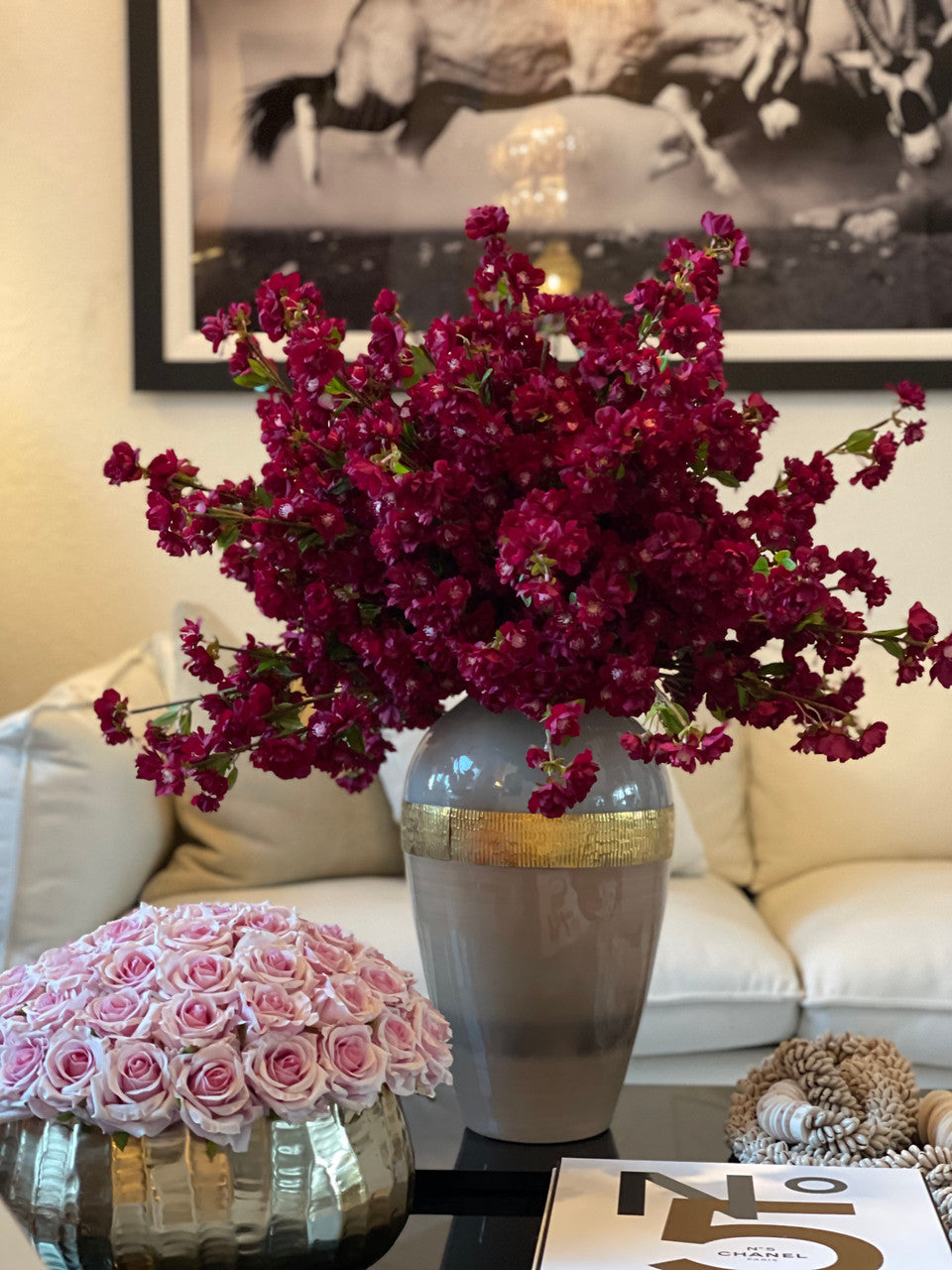 Goddess Vase with Burgundy Cherry Blossoms