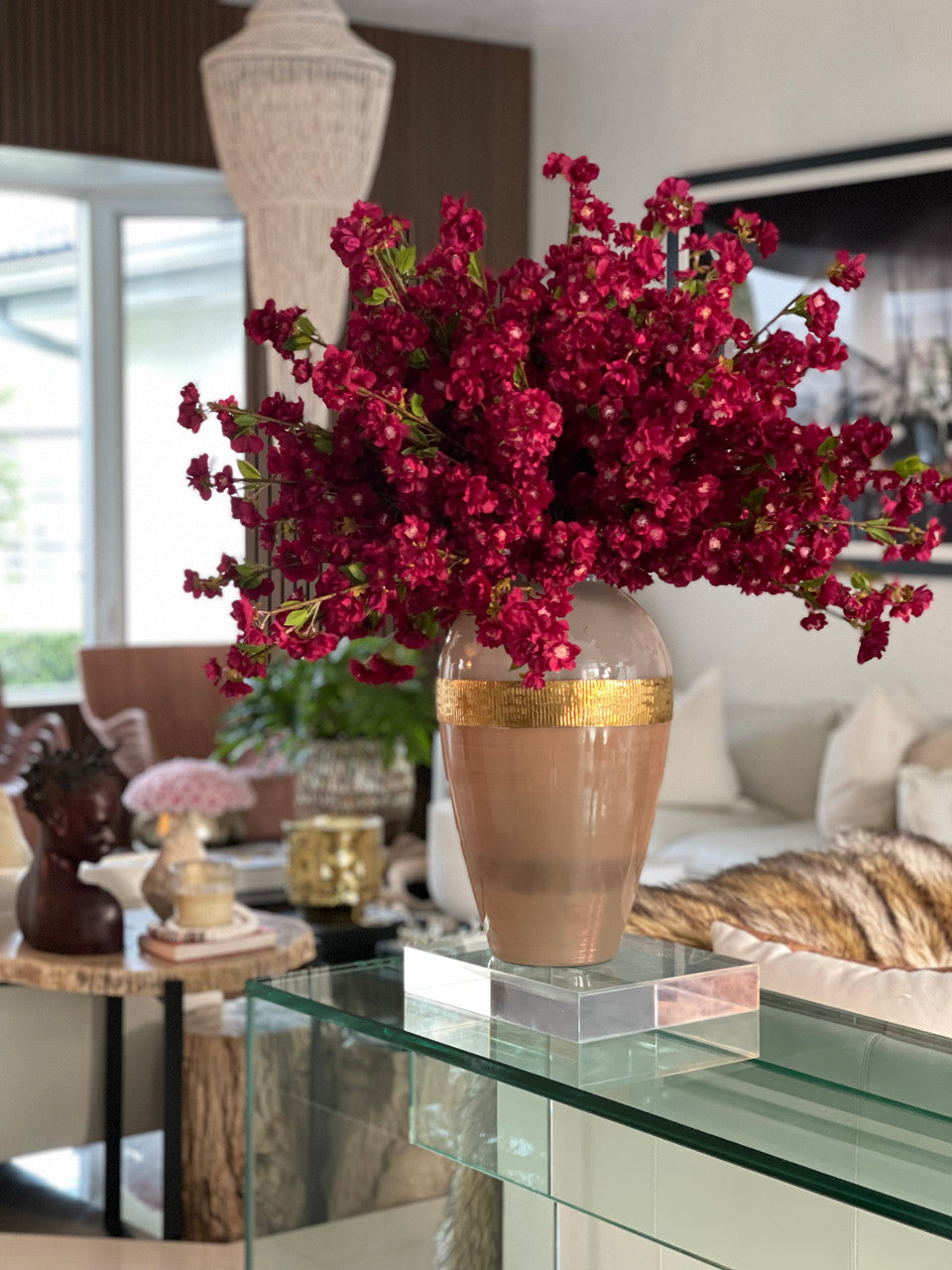 Goddess Vase with Burgundy Cherry Blossoms