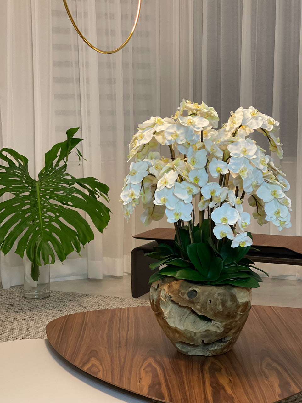 Extra Large Rustic Teak Bowl with Cascading White Orchids