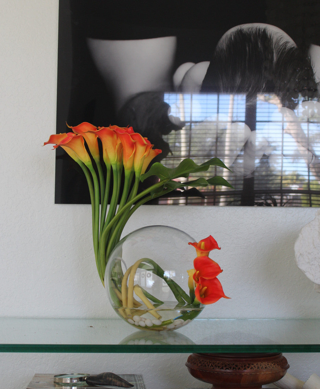 Crosswinds vase with mango calla lilies