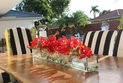 48″ Casa Moderna glass plate planter with red Cymbidiums