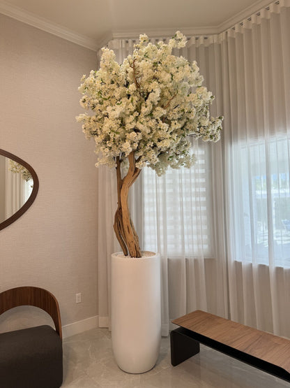 Matte Beige St. Tropez Planter with Custom Made White Cherry Blossom Tree