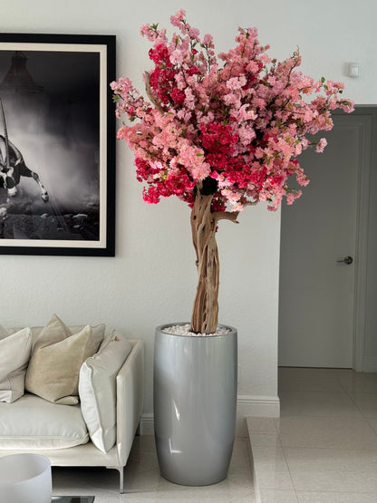 Glossy Silver Lisbon Planter with Custom Made Tri Color Pink Cherry Blossom Tree