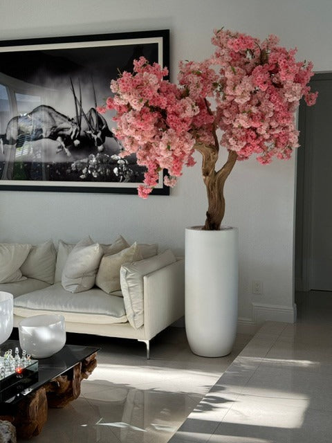 Matt White St. Tropez Planter with Custom Made Pink Cherry Blossom Tree