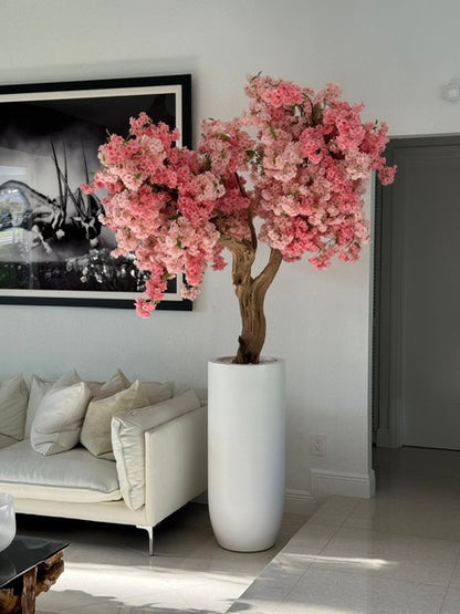 Matt White St. Tropez Planter with Custom Made Pink Cherry Blossom Tree