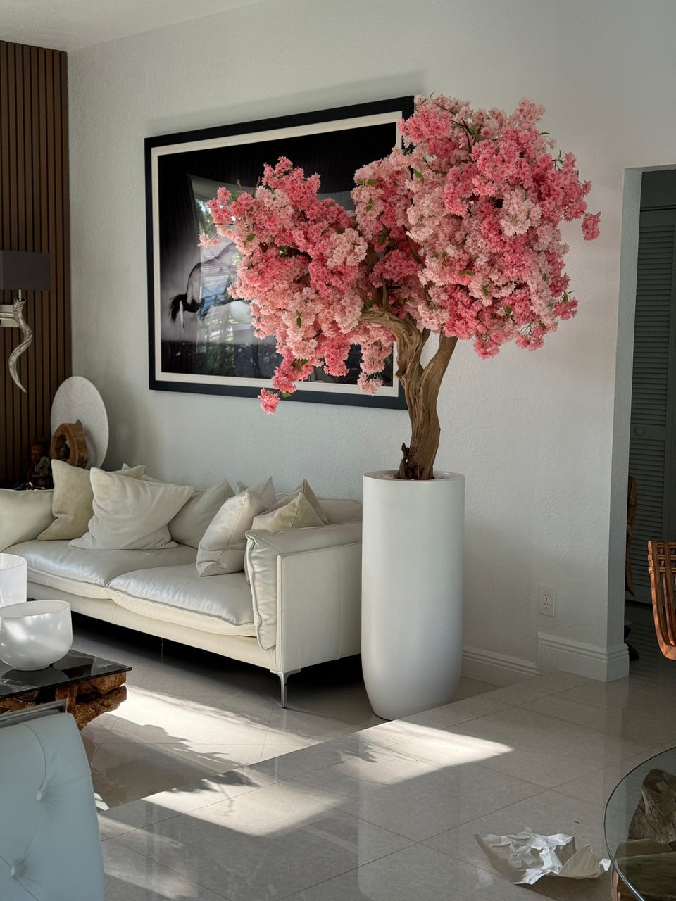 Matt White St. Tropez Planter with Custom Made Pink Cherry Blossom Tree