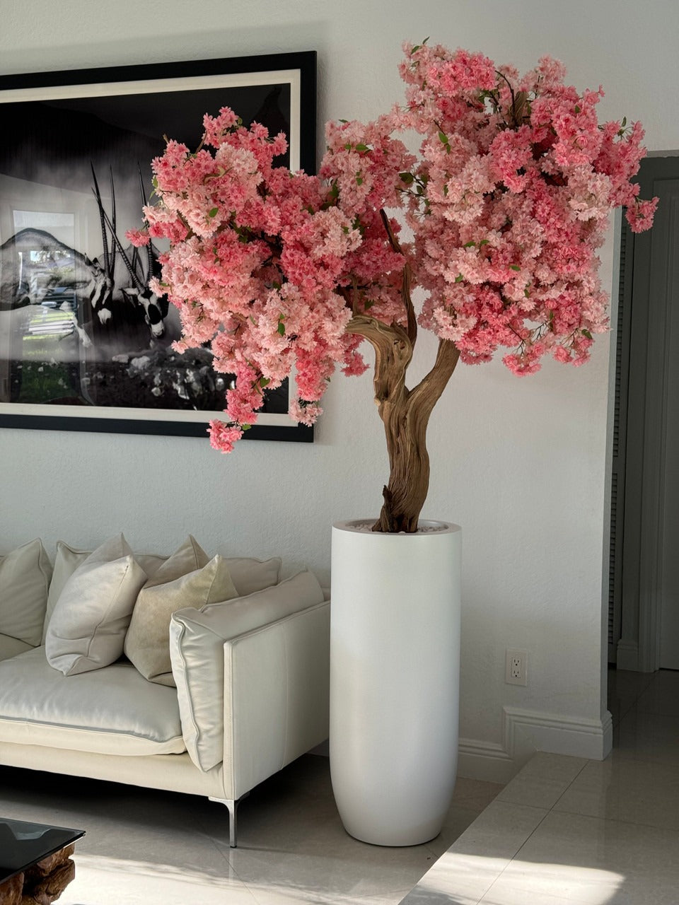 Matt White St. Tropez Planter with Custom Made Pink Cherry Blossom Tree