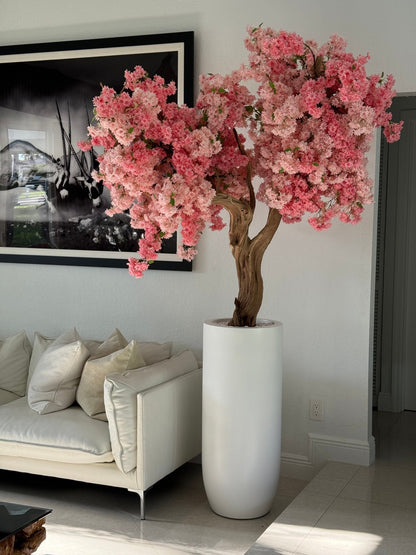 Matt White St. Tropez Planter with Custom Made Pink Cherry Blossom Tree