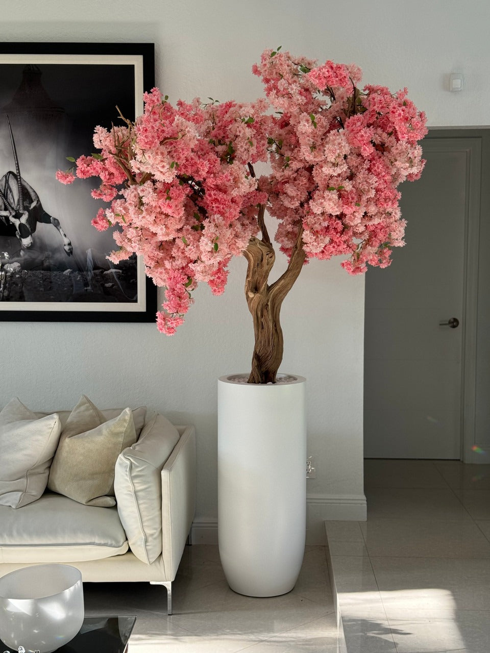 Matt White St. Tropez Planter with Custom Made Pink Cherry Blossom Tree