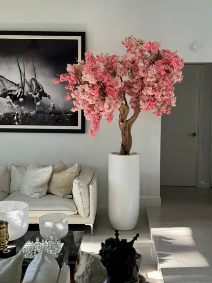 Matt White St. Tropez Planter with Custom Made Pink Cherry Blossom Tree