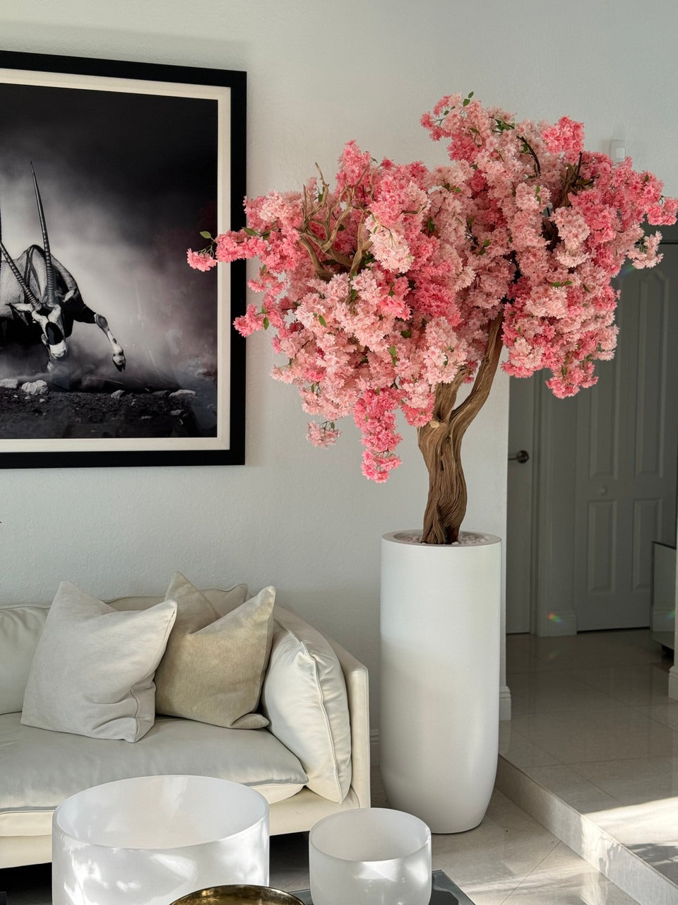 Matt White St. Tropez Planter with Custom Made Pink Cherry Blossom Tree