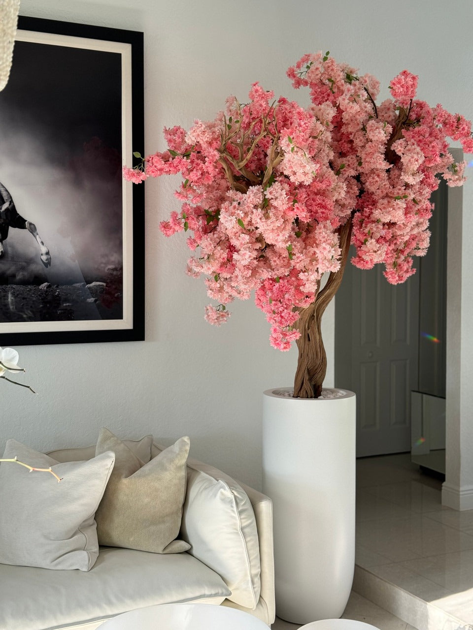 Matt White St. Tropez Planter with Custom Made Pink Cherry Blossom Tree