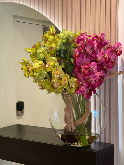 Moon Vase with Green Snowball Hydrangeas, Green Cymbidiums and  Fuchsia Vanda Orchids