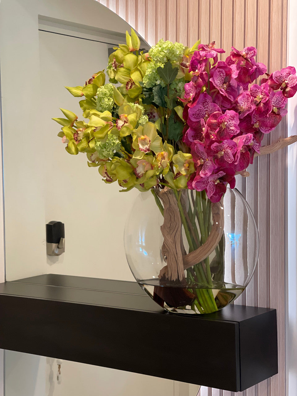 Moon Vase with Green Snowball Hydrangeas, Green Cymbidiums and  Fuchsia Vanda Orchids