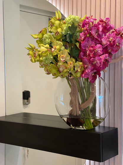 Moon Vase with Green Snowball Hydrangeas, Green Cymbidiums and  Fuchsia Vanda Orchids