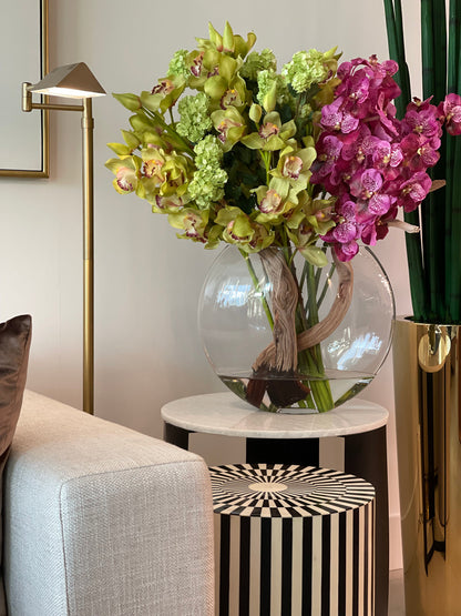 Moon Vase with Green Snowball Hydrangeas, Green Cymbidiums and  Fuchsia Vanda Orchids