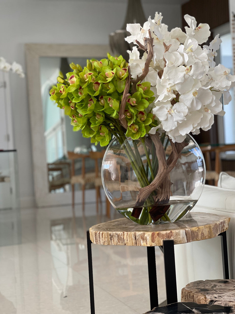 Moon Vase with White Vanda Orchids and Green Cymbidiums