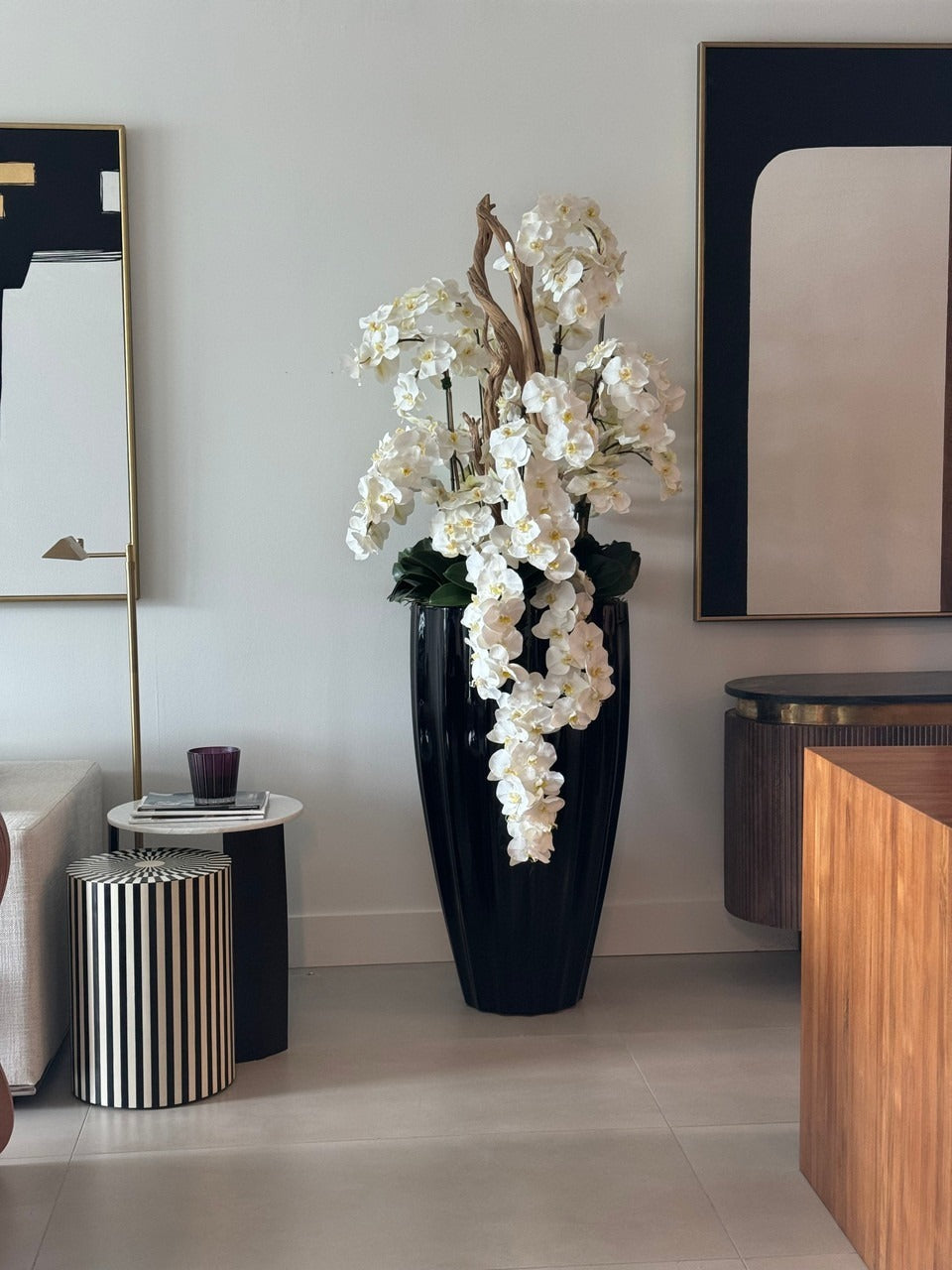 San Jose Planter in Glossy Black  with Cascading White Orchids