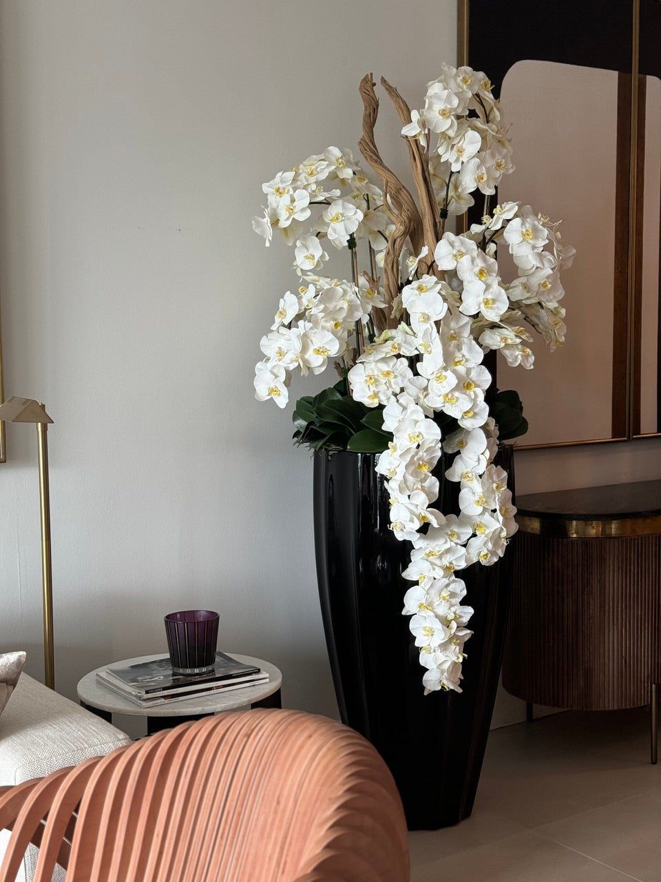 San Jose Planter in Glossy Black  with Cascading White Orchids