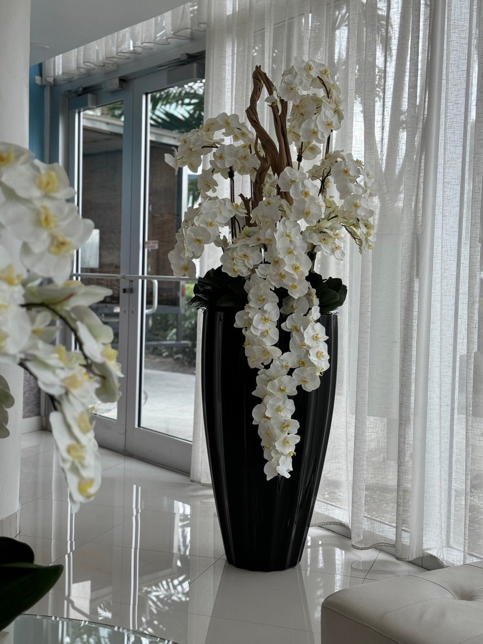 San Jose Planter in Glossy Black  with Cascading White Orchids