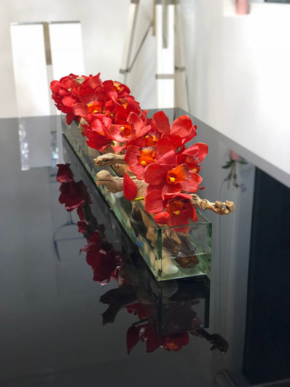 48″ Casa Moderna glass plate planter with red Cymbidiums