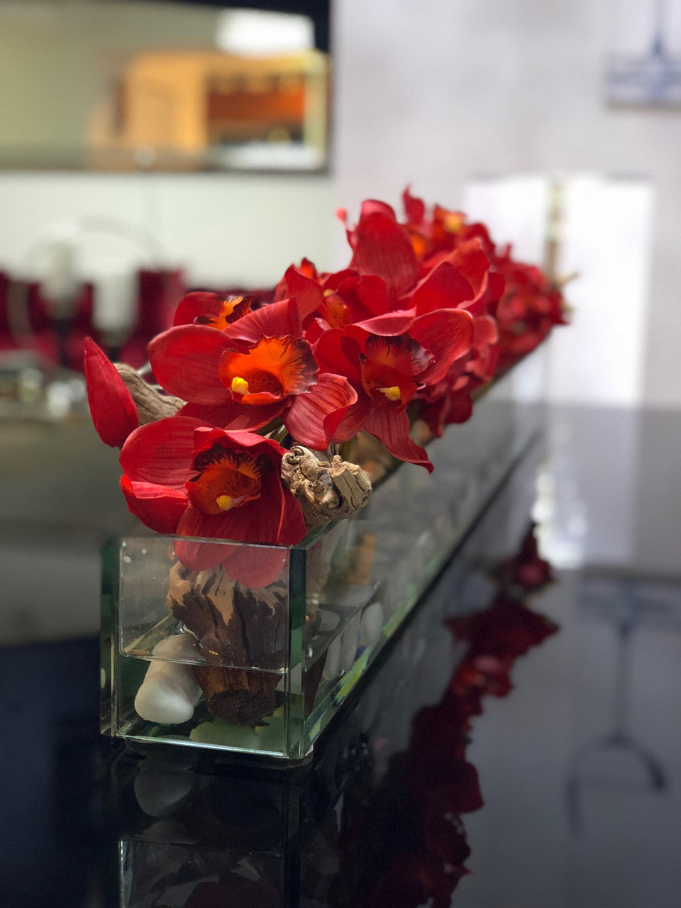 48″ Casa Moderna glass plate planter with red Cymbidiums