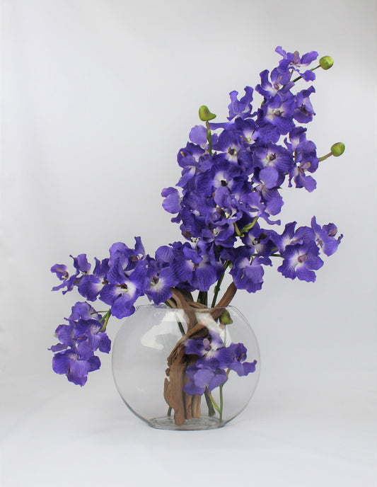 12″ Moon vase with purple Vanda orchids