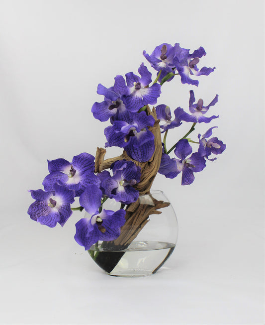 10″ Moon vase with purple Vanda orchids