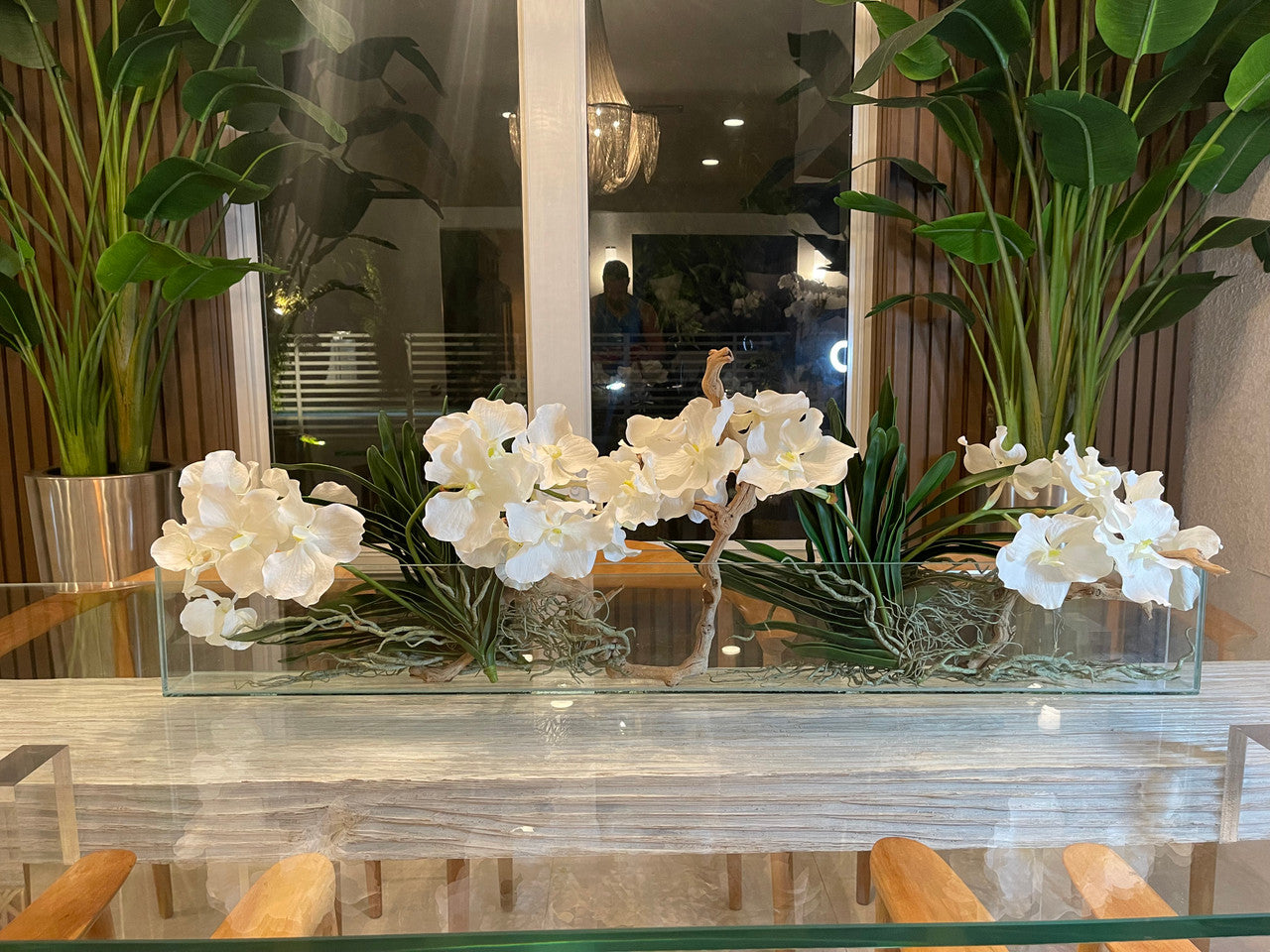 36″ Slim Casa Moderna with White Vanda Orchids.