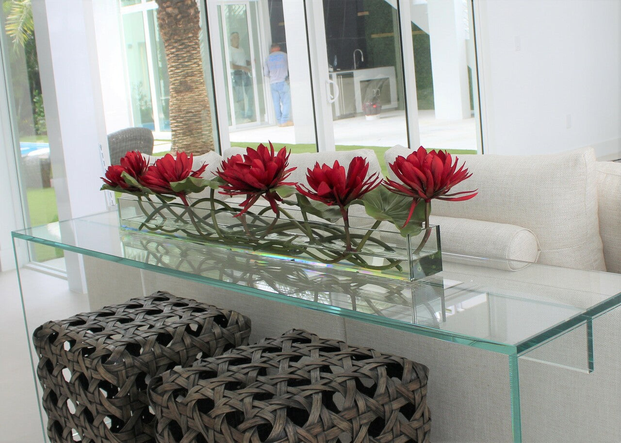 48″ Casa Moderna glass plate planter with red water lilies