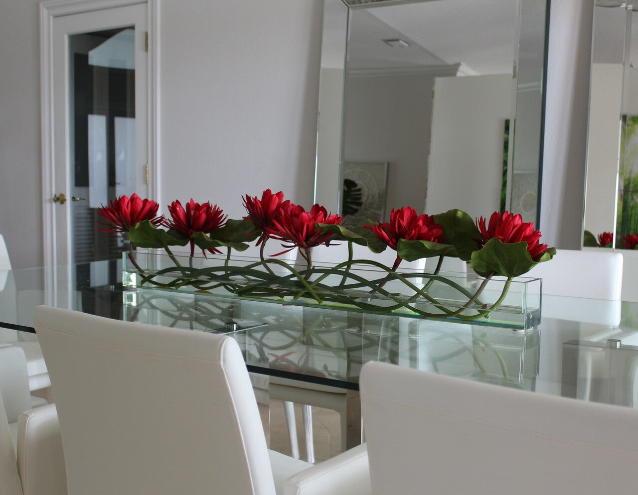 48″ Casa Moderna glass plate planter with red water lilies