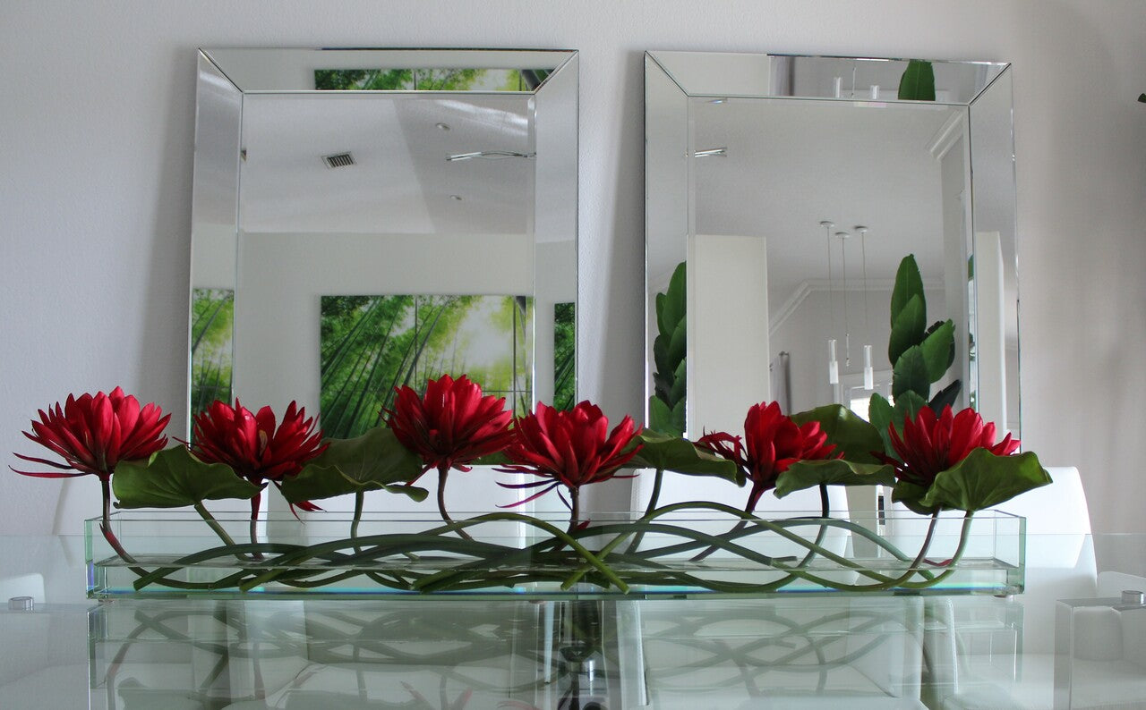 48″ Casa Moderna glass plate planter with red water lilies