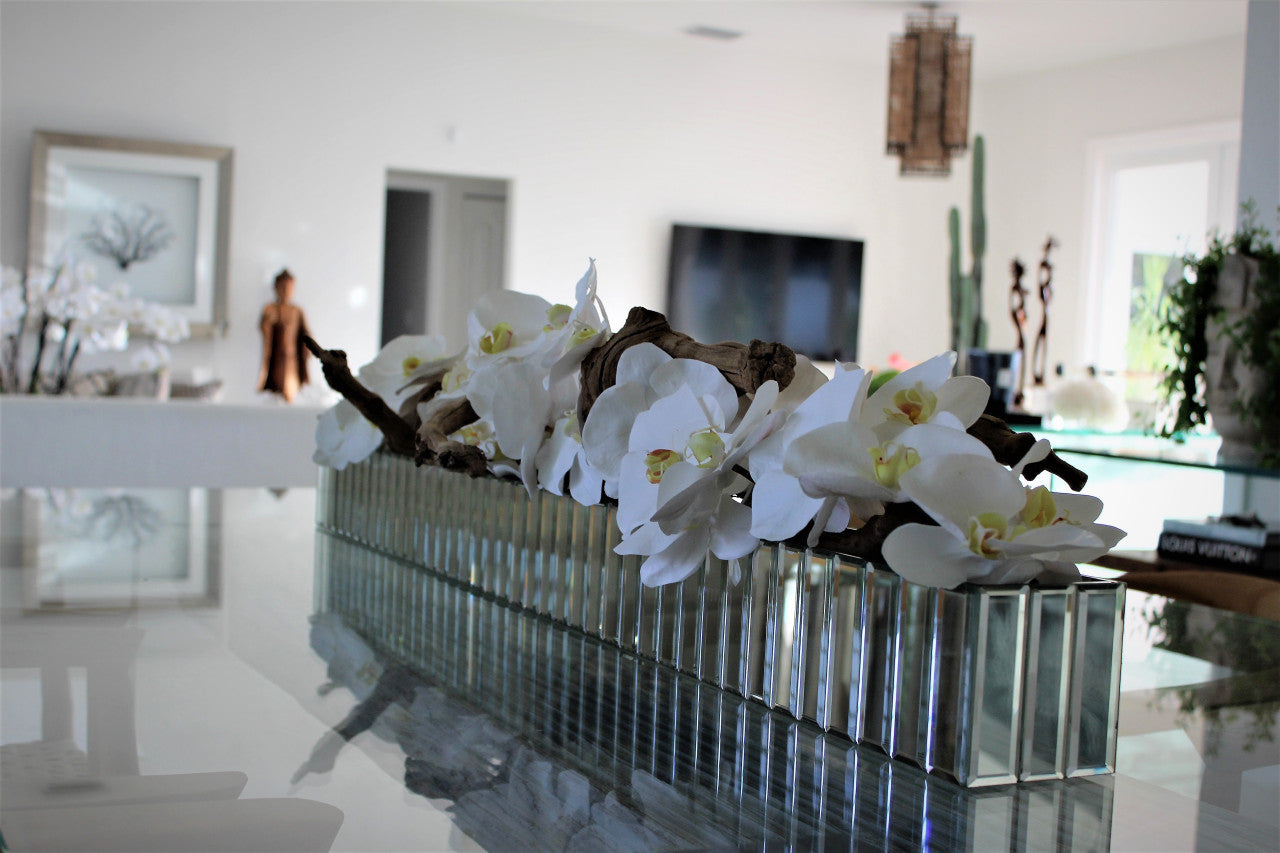 48″ Dazzle mirrored planter with white orchids