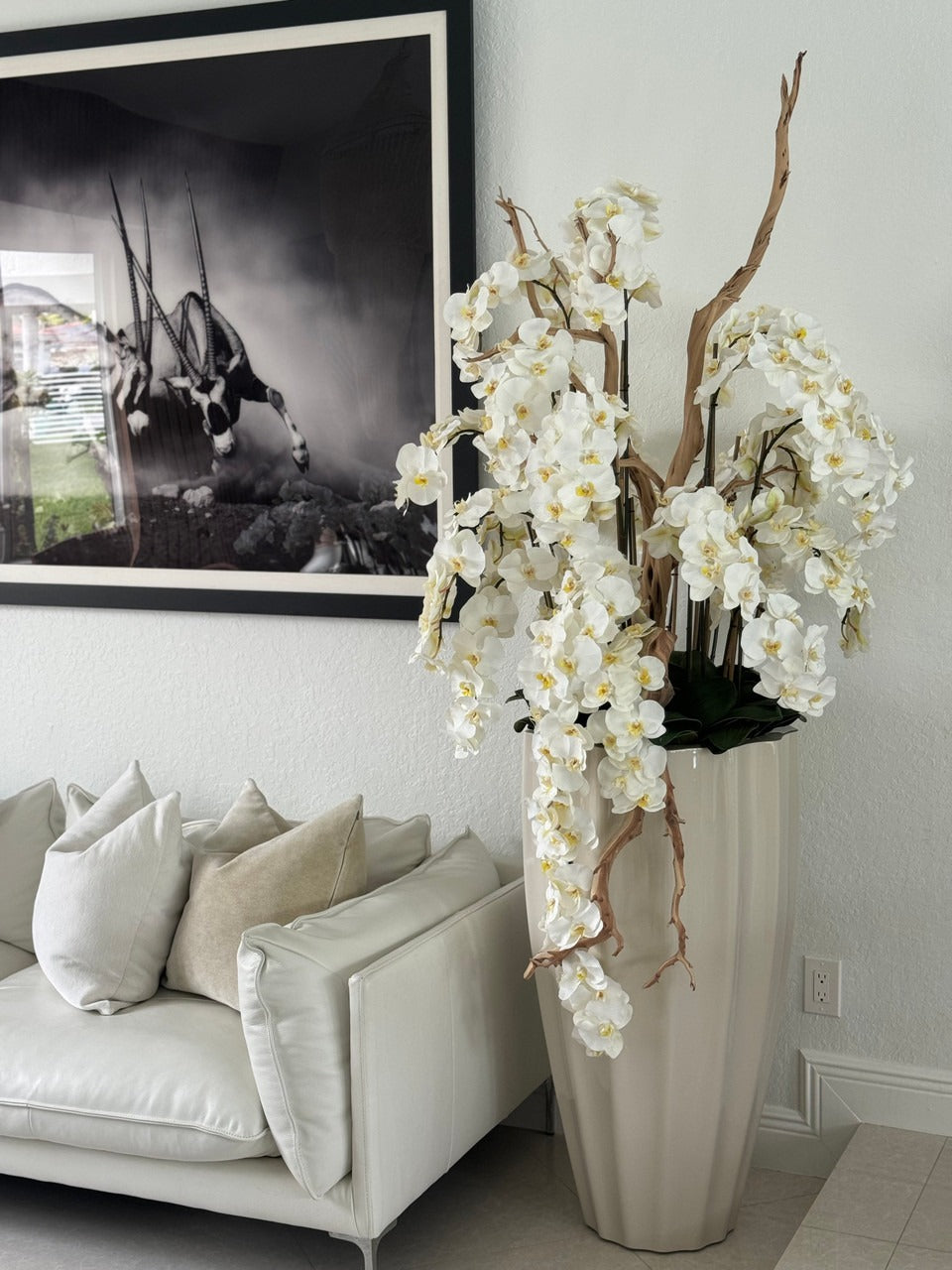 San Jose Planter in Sand Beige with Cascading White Orchids