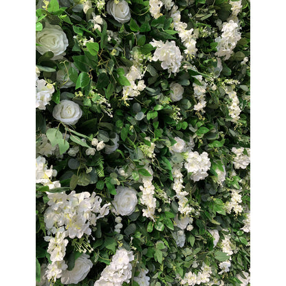 Roll Up Fabric Artificial White Flower and Vivid Green Leaves Floral Wall Wedding Backdrop, Floral Party Decor, Event Photography-VF-071-2