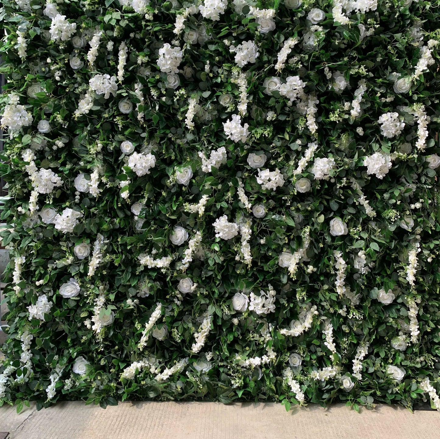 Roll Up Fabric Artificial White Flower and Vivid Green Leaves Floral Wall Wedding Backdrop, Floral Party Decor, Event Photography-VF-071-2