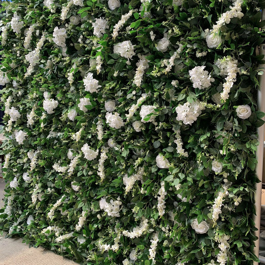 Roll Up Fabric Artificial White Flower and Vivid Green Leaves Floral Wall Wedding Backdrop, Floral Party Decor, Event Photography-VF-071-2