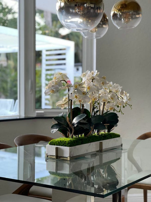 Marble tray on metal stand with mini-phaleanopsis orchid garden